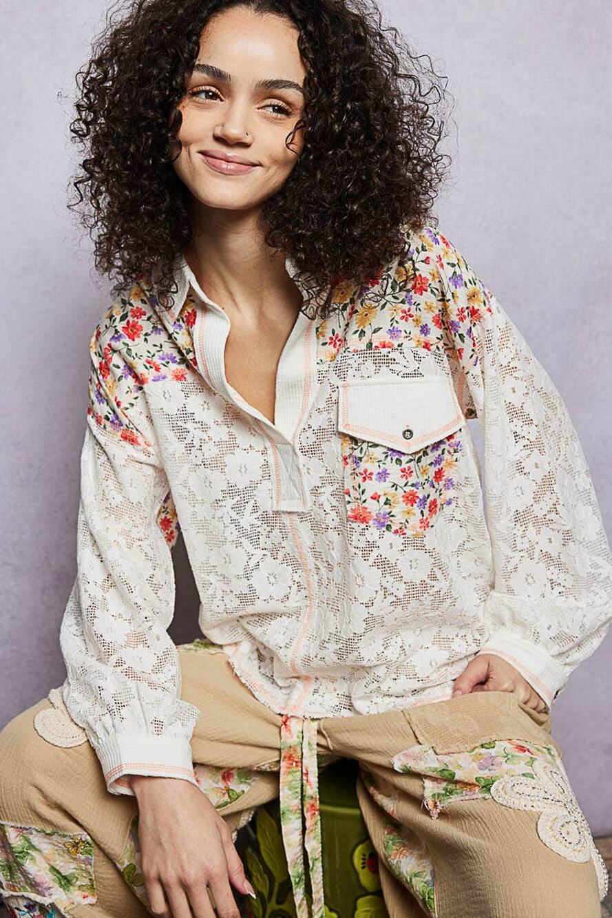 Pol Clothing Casual V-Neck Long Sleeve Floral Patch Lace Shirt Top